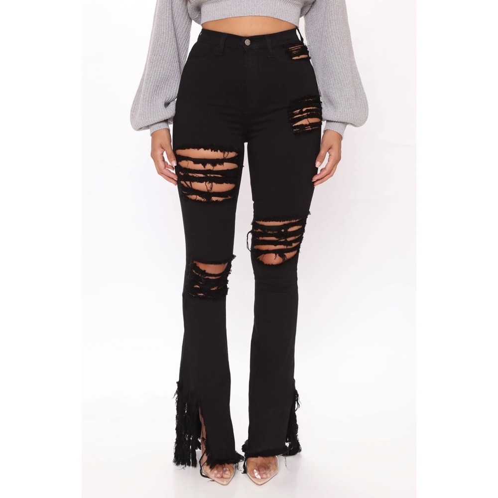 Fashion Nova Flare High Rise Distressed Ripped Black Jeans